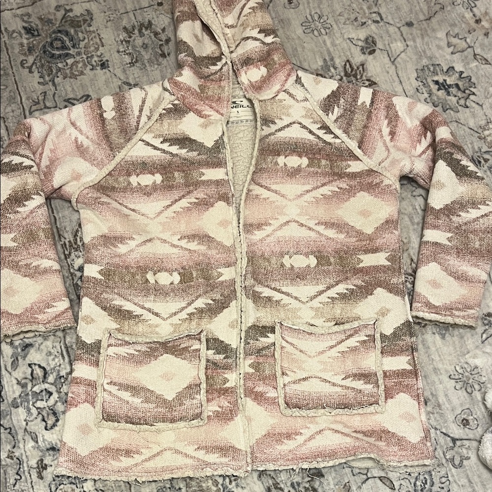 O'Neill Cream Aztec print Sherpa lined hooded jacket small